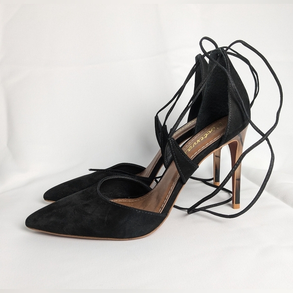 L'INTERVALLE Black Suede Heels Women ShoesSize 9 Made In Brazil Pointed Tip - Picture 3 of 10